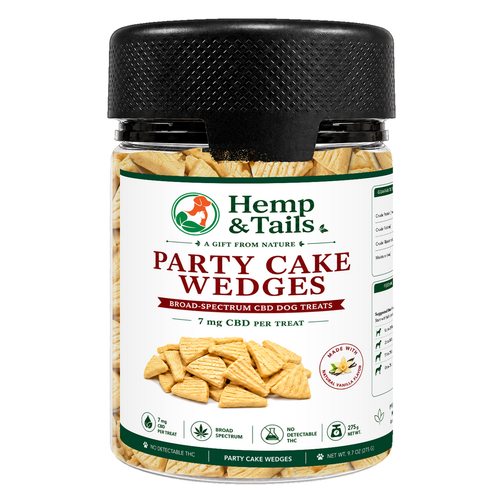 Hemp & Tails Party Cake Wedges CBD dog treats in a clear 275g jar with a black lid.