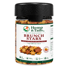 Hemp & Tails Brunch Stars CBD dog treats in a clear 275g jar with a black lid.