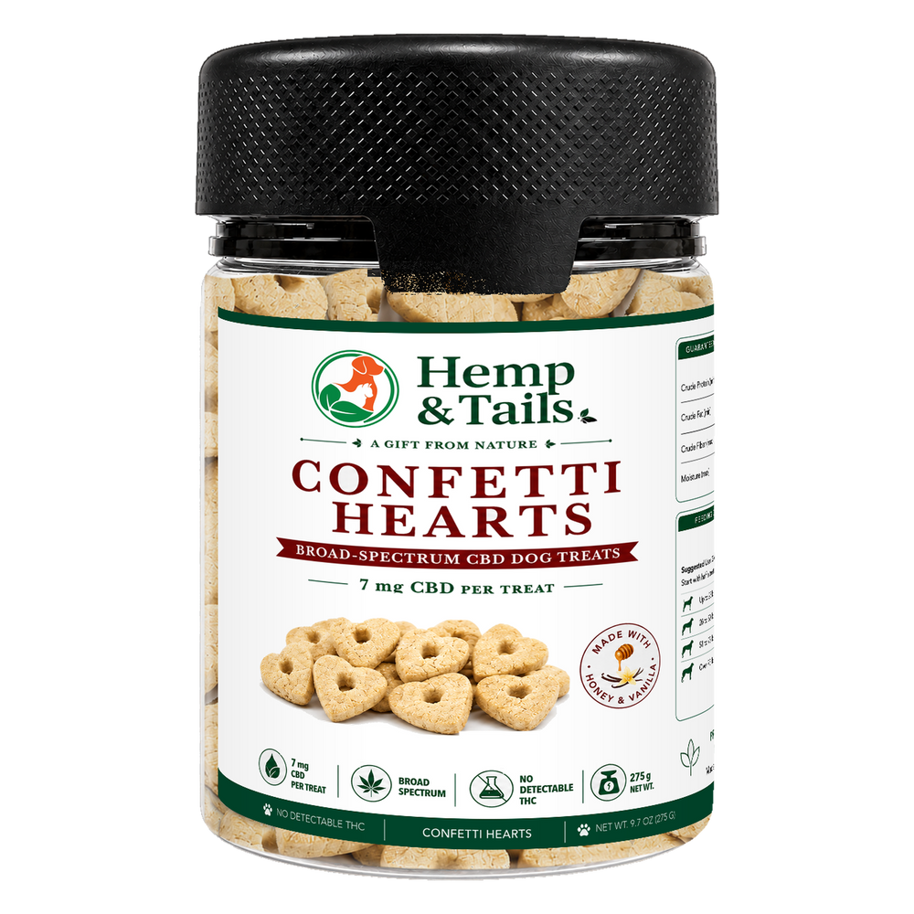 Hemp & Tails Confetti Hearts CBD dog treats in a clear 275g jar with a black lid.