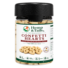 Hemp & Tails Confetti Hearts CBD dog treats in a clear 275g jar with a black lid.