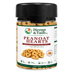 Hemp & Tails Peanoat Hearts peanut butter and oat CBD dog treats in a clear jar with a black lid.