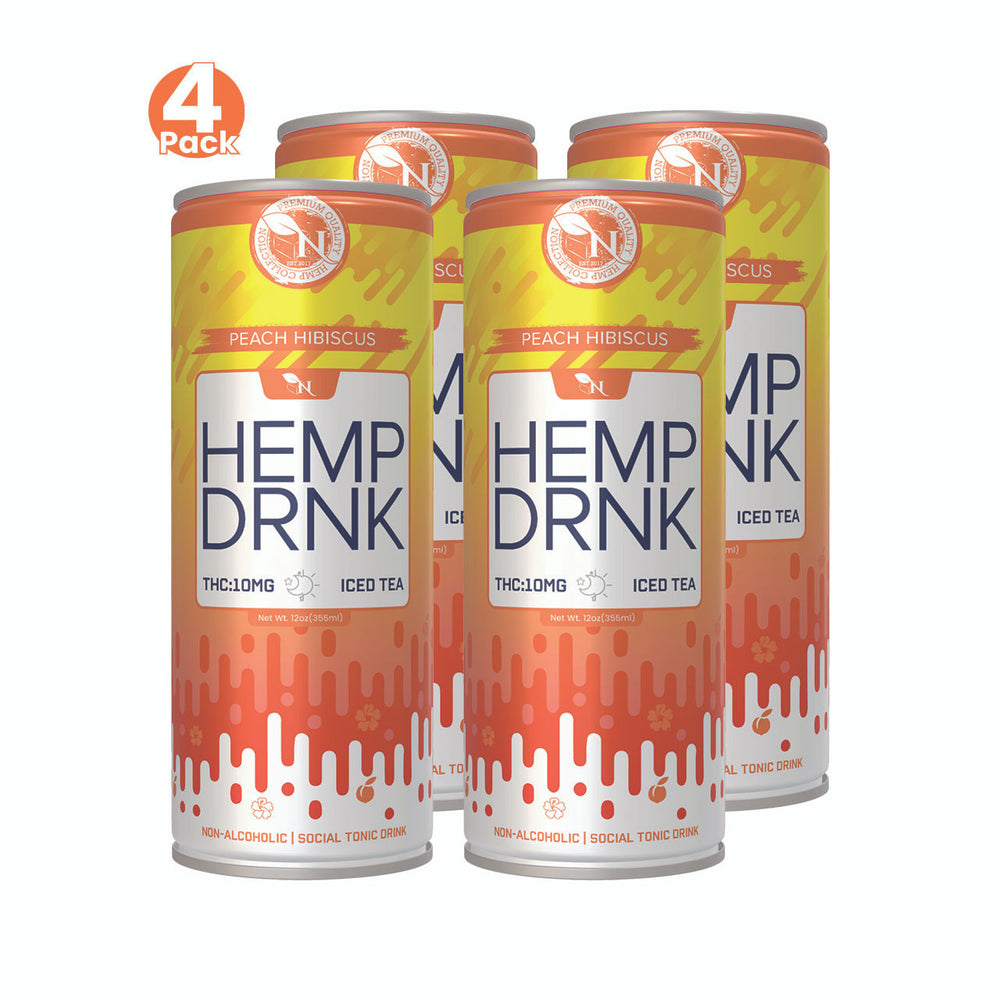 Peach Hibiscus CBD and Delta-9 THC seltzer can, 40mg CBD and 10mg THC, non-alcoholic fizzy drink for relaxation 4 pack
