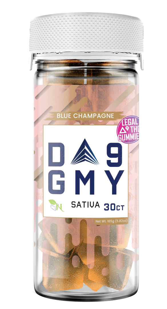 Blue Champagne Delta-9 gummies jar, 810mg total Sativa blend, 30ct with 15mg per gummy
