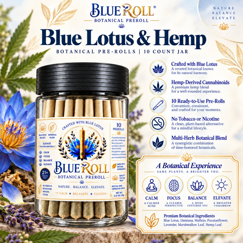 BlueRoll Blue Lotus & Hemp botanical pre-rolls, 10-count jar with blue lotus flowers, hemp leaves, and botanical blend benefit icons