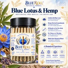 BlueRoll Blue Lotus & Hemp botanical pre-rolls, 10-count jar with blue lotus flowers, hemp leaves, and botanical blend benefit icons