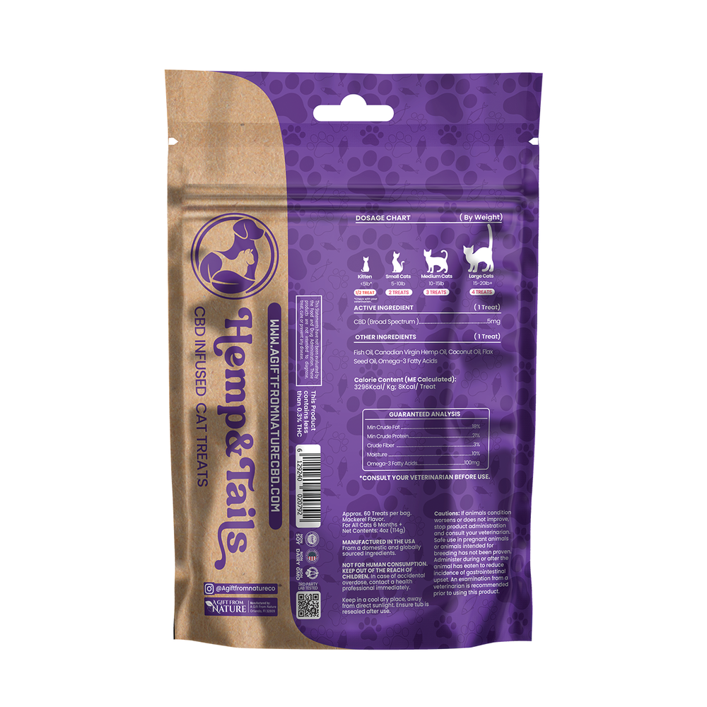 Back of Hemp & Tails Omega-3 Mackerel Bites with dosage chart and ingredients