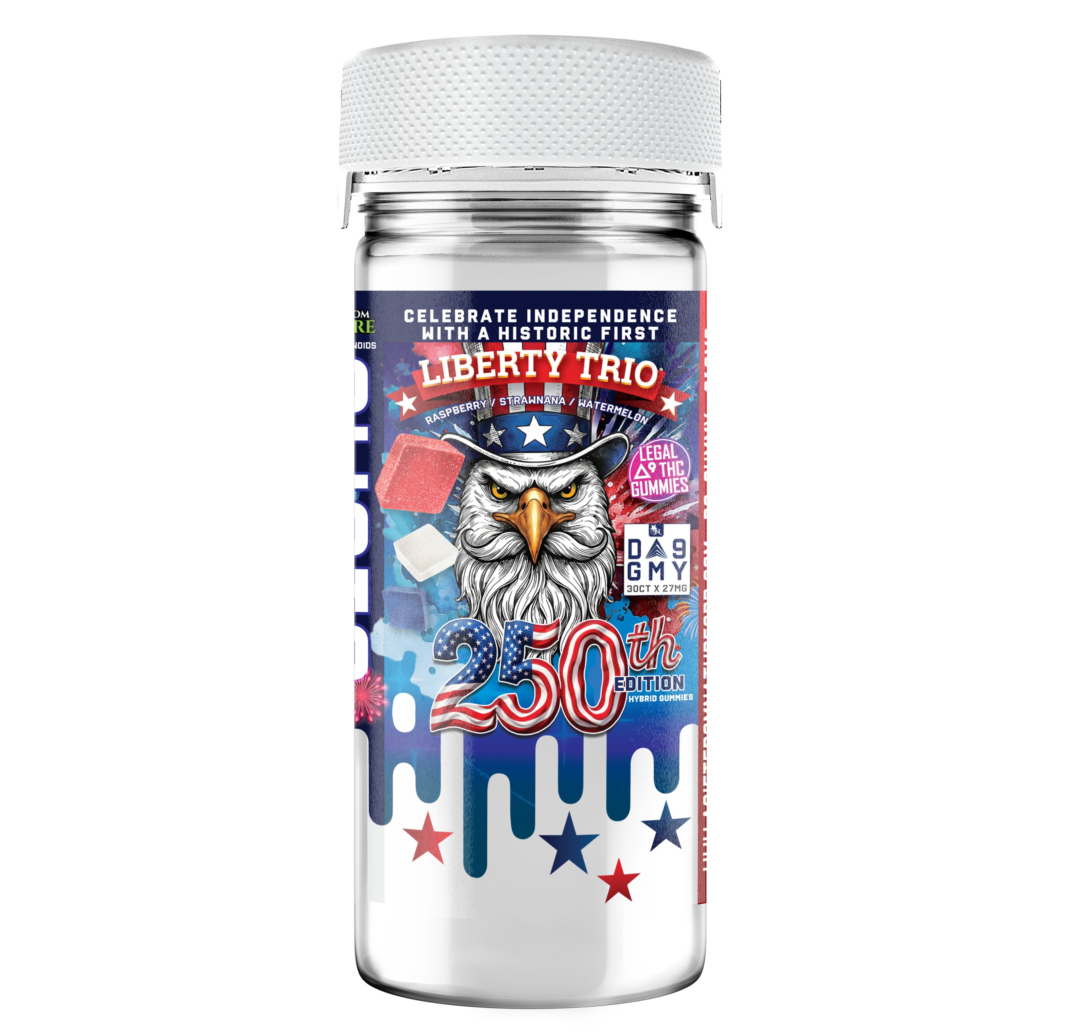 Liberty Trio 250th Edition Delta-9 THC and CBD hybrid gummy jar with Raspberry, StrawNana and Watermelon flavors by A Gift From Nature CBD