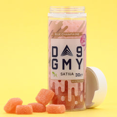 Delta 9 Blue Champagne Sativa real product with vibrant packaging and detailed labeling.