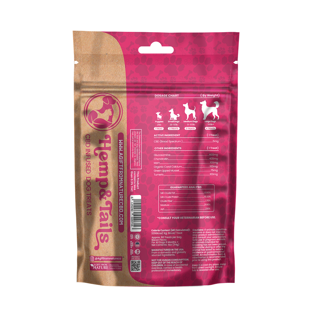 Back of Hemp & Tails Bacon Hearts with dosage chart and ingredients