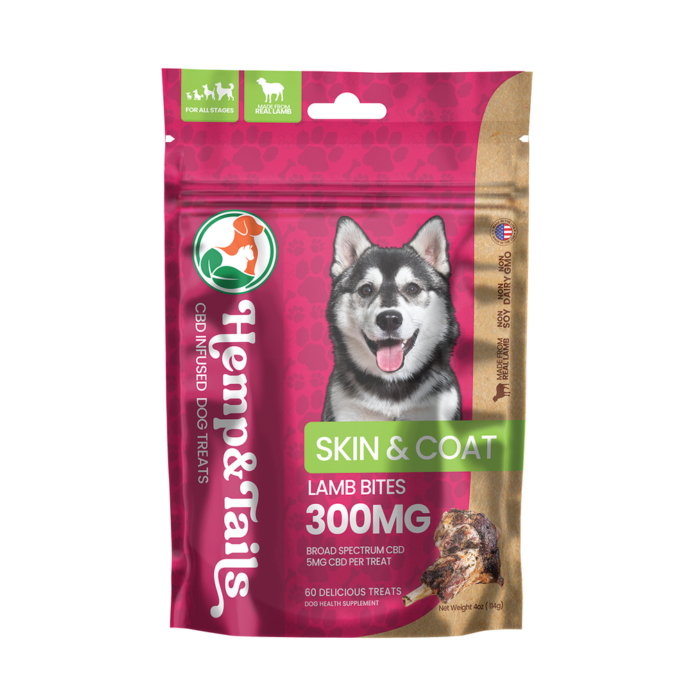Hemp & Tails CBD Dog Treats - Skin & Coat Lamb Bites in vibrant packaging