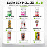 Nine products included in the Discovery Box with quantities for tablets, gummies, shots, drink, cone and vape