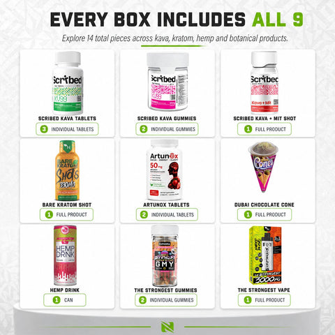Nine products included in the Discovery Box with quantities for tablets, gummies, shots, drink, cone and vape