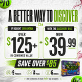 Discovery Box value comparison showing over $125 in combined value for $39.99, with 9 products, 14 pieces and 6 formats
