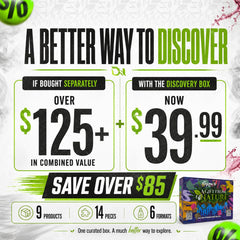 Discovery Box value comparison showing over $125 in combined value for $39.99, with 9 products, 14 pieces and 6 formats