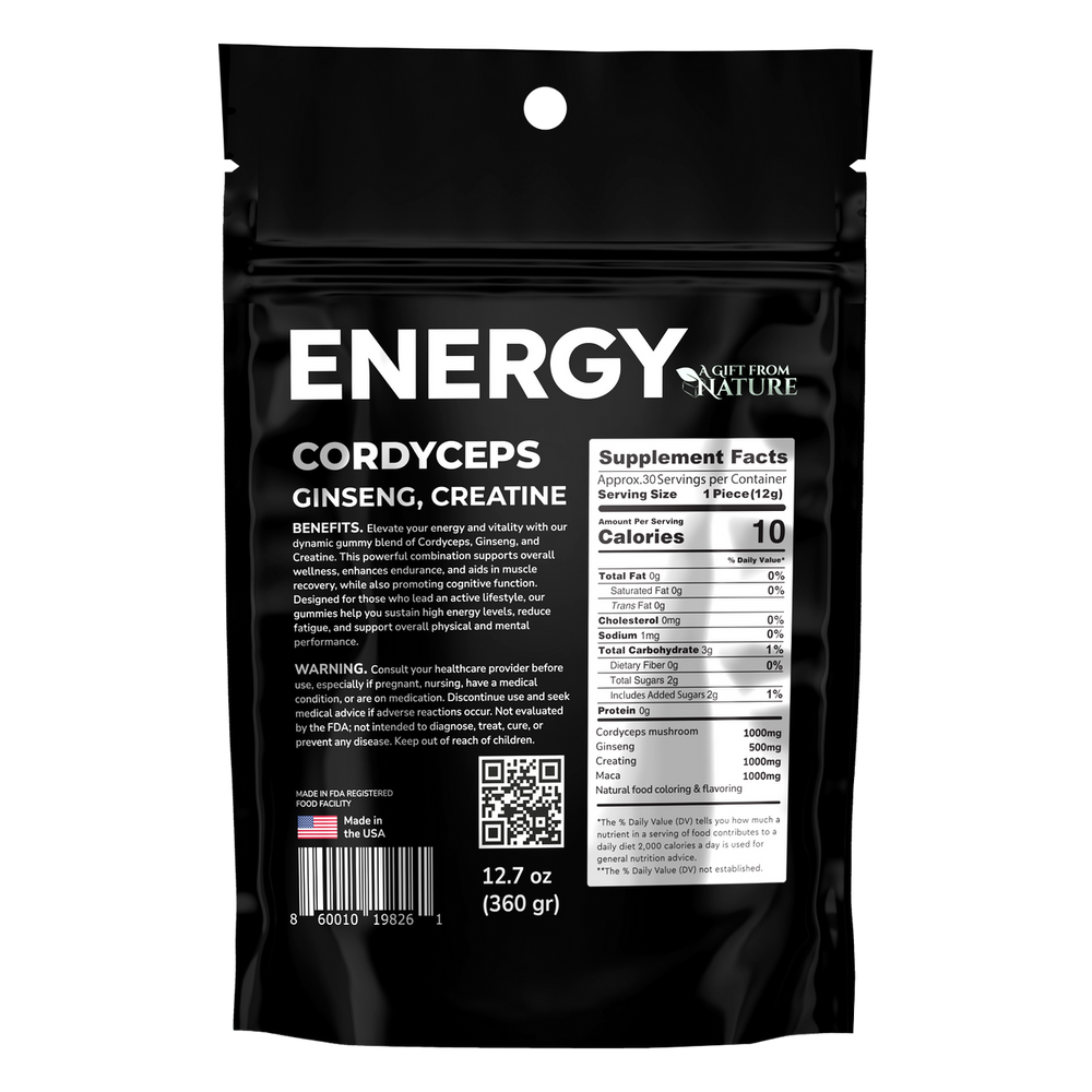 Energy Gummies back packaging with Cordyceps, Ginseng, and Creatine for stamina