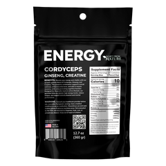 Energy Gummies back packaging with Cordyceps, Ginseng, and Creatine for stamina