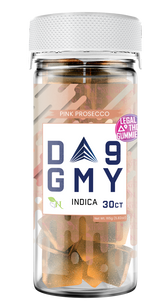 Relaxing Pink Prosecco Delta-9 gummies, Indica blend for calm and tranquility, displayed in premium packaging.