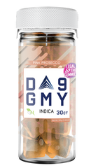 Relaxing Pink Prosecco Delta-9 gummies, Indica blend for calm and tranquility, displayed in premium packaging.