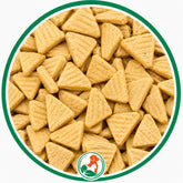 Pale golden Party Cake Wedges dog treats with triangular shapes and parallel ridges in a green circle.