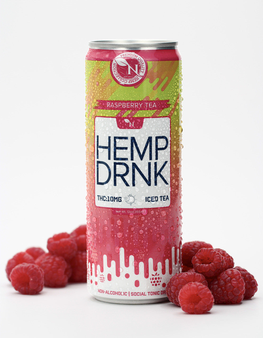 Raspberry Tea CBD and Delta-9 THC seltzer can, 40mg CBD and 10mg THC, bold and refreshing tea-flavored beverage realistic photo