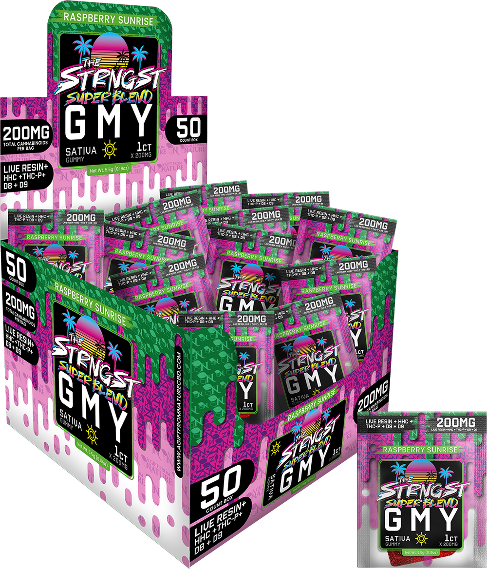 THE STRONGEST GUMMIES Single Package - 50CT - RASPBERRY SUNRISE - SATIVA, featuring 50 sativa hemp gummies with 200mg of cannabinoids each, infused with a tangy raspberry flavor