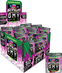 THE STRONGEST GUMMIES Single Package - 50CT - RASPBERRY SUNRISE - SATIVA, featuring 50 sativa hemp gummies with 200mg of cannabinoids each, infused with a tangy raspberry flavor