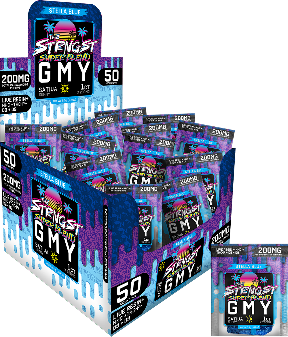 THE STRONGEST GUMMIES Single Package - 50CT - STELLA BLUE - SATIVA, featuring 50 sativa hemp gummies with 200mg of cannabinoids each, infused with a refreshing blueberry flavor