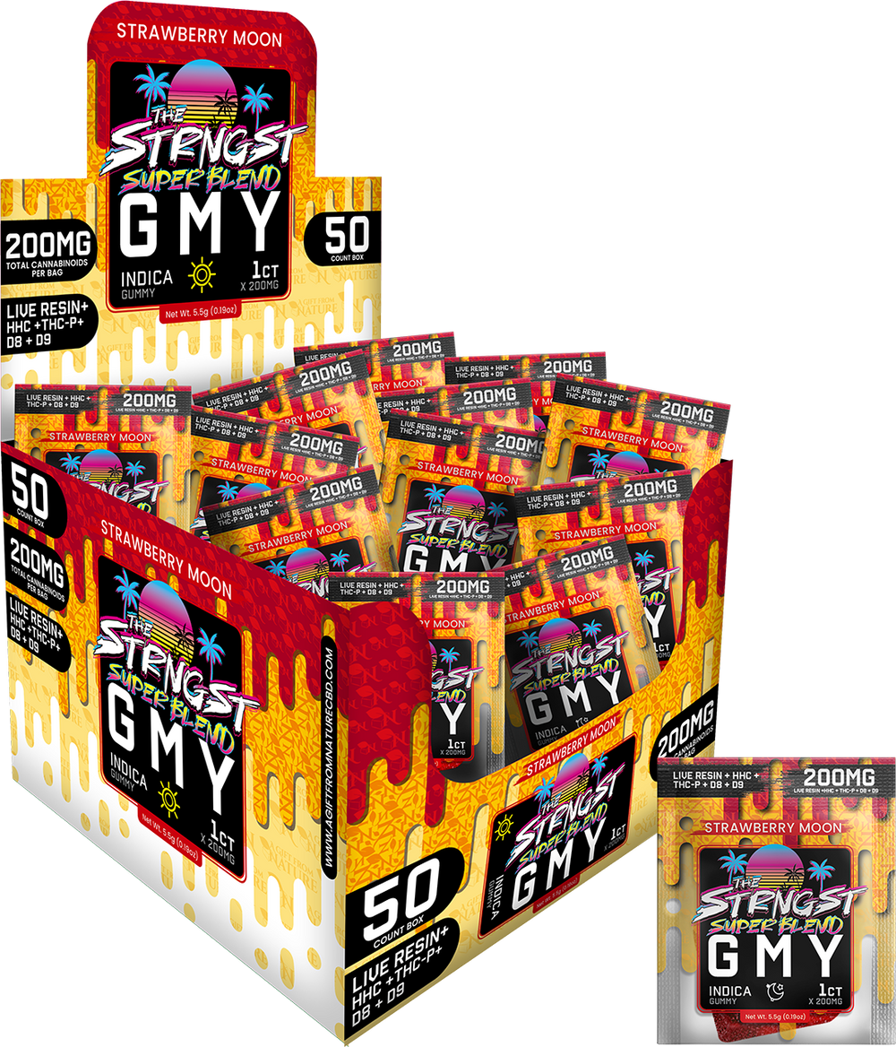 THE STRONGEST GUMMIES Single Package - 50CT - STRAWBERRY MOON - INDICA, featuring 50 indica hemp gummies with 200mg of cannabinoids each, infused with a sweet strawberry flavor