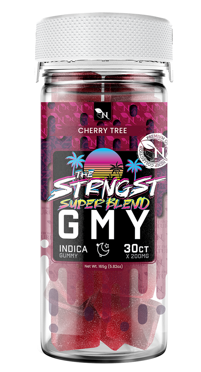 Relaxing Cherry Tree gummies, Indica blend for deep tranquility, displayed in premium packaging