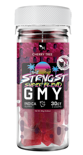 Relaxing Cherry Tree gummies, Indica blend for deep tranquility, displayed in premium packaging