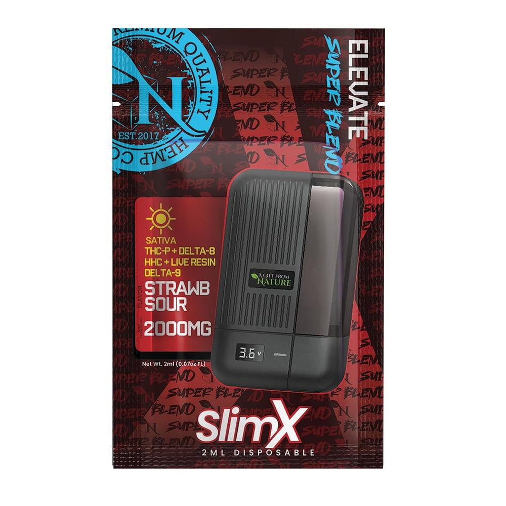 SlimX Strawb Sour 2000mg disposable vape box showing THCP, Delta-8, HHC, Delta-9, live resin blend and slim USB-C rechargeable pen