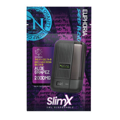 SlimX Aloe Grape-Z 2000mg disposable vape box showing THCP, Delta-8, HHC, Delta-9, live resin blend and slim rechargeable USB-C pen.