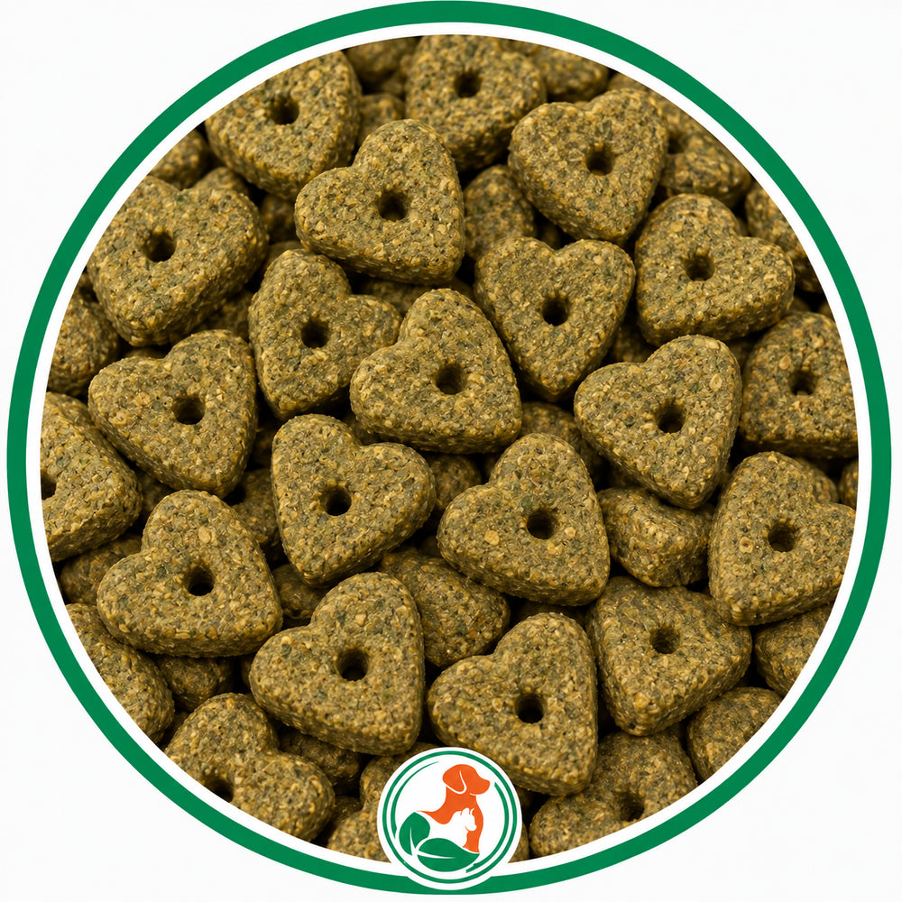 Olive-green heart-shaped Super Snacks dog treats with center holes in a green-bordered circle.