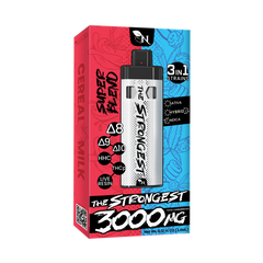 The Strongest 3000 MG" vape by A Gift From Nature in Cereal Milk flavor. Features Δ8, Δ9, Δ10, HHC, THCp, live resin, and 3 strain types