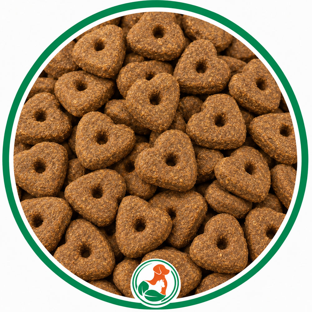 Brown heart-shaped Beef Barley Bites dog treats with center holes inside a green circular border.
