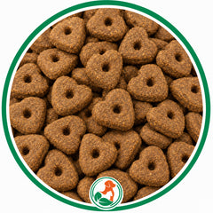 Brown heart-shaped Beef Barley Bites dog treats with center holes inside a green circular border.