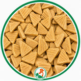 Golden triangular Banana Crunch dog treats with ridged surfaces in a green-bordered circular close-up.