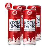 4-pack product image of KRTM DRNK Fizzy Fruit featuring four red cans on a transparent background with a red ā4 Packā badge in the top left.