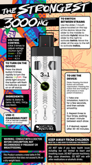 The Strongest 3000 MG" vape in Cereal Toasted Cinnamon flavor by A Gift From Nature. Features Δ8, Δ9, Δ10, HHC, THCp, live resin, and 3 strain types packache backside