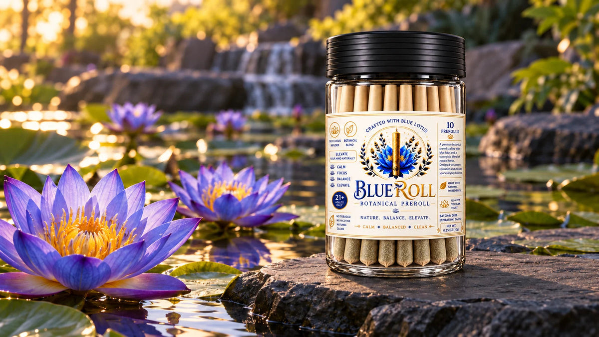 BlueRoll jar resting flat on a slate stone beside blue-violet water lilies.