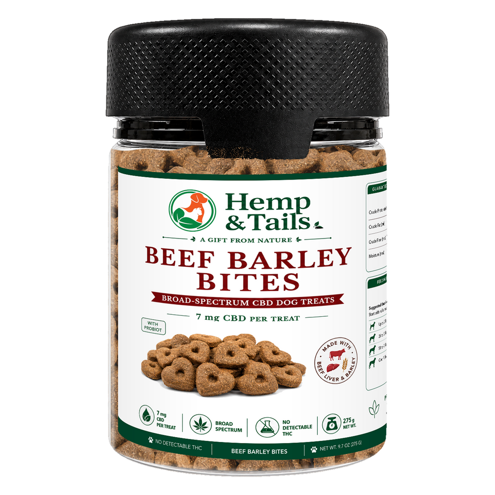 Hemp & Tails Beef Barley Bites CBD dog treats in a clear 275g jar with a black lid.