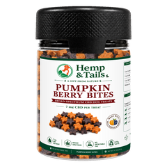 Hemp & Tails Pumpkin Berry Bites CBD dog treats in a clear 275g jar with a black lid.