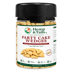Hemp & Tails Party Cake Wedges CBD dog treats in a clear 275g jar with a black lid.