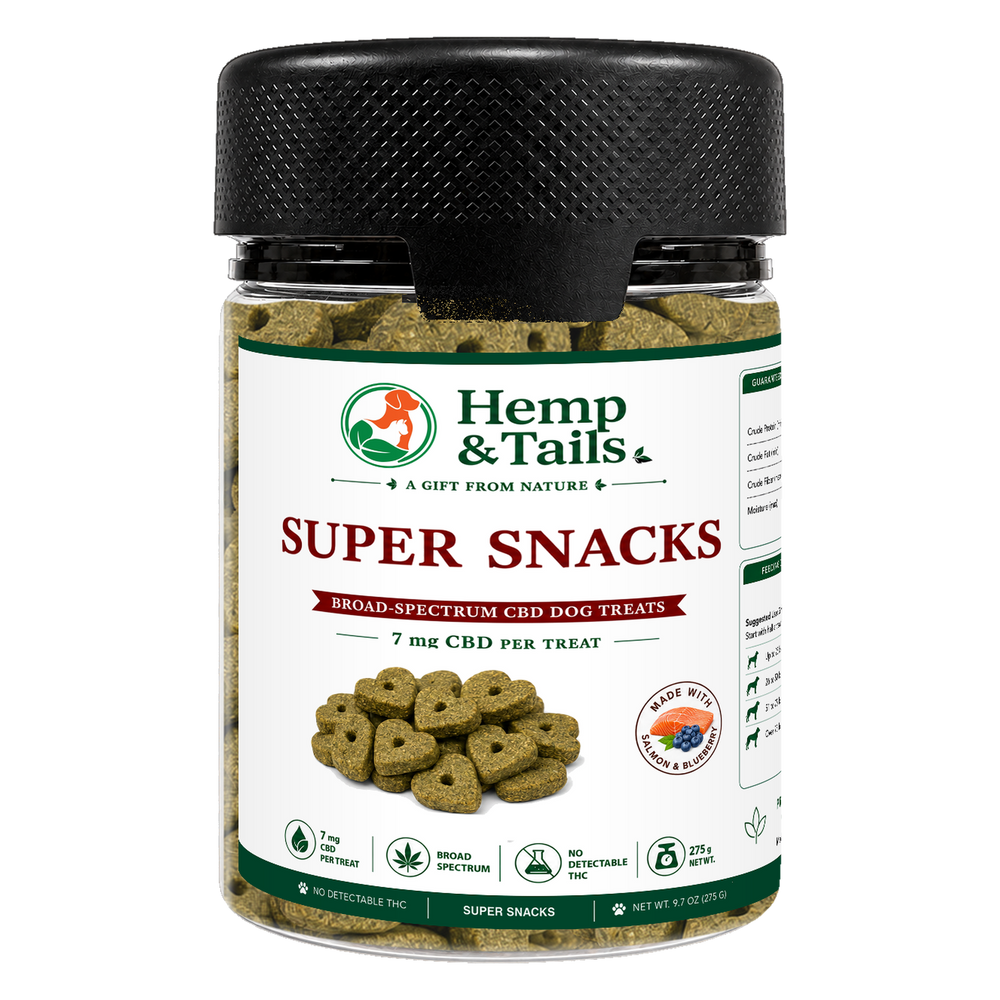 Hemp & Tails Super Snacks salmon CBD dog treats in a clear 275g jar with a black lid.