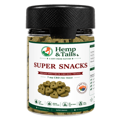 Hemp & Tails Super Snacks salmon CBD dog treats in a clear 275g jar with a black lid.