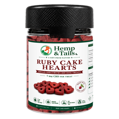 Hemp & Tails Ruby Cake Hearts CBD dog treats in a clear 275g jar with a black lid.
