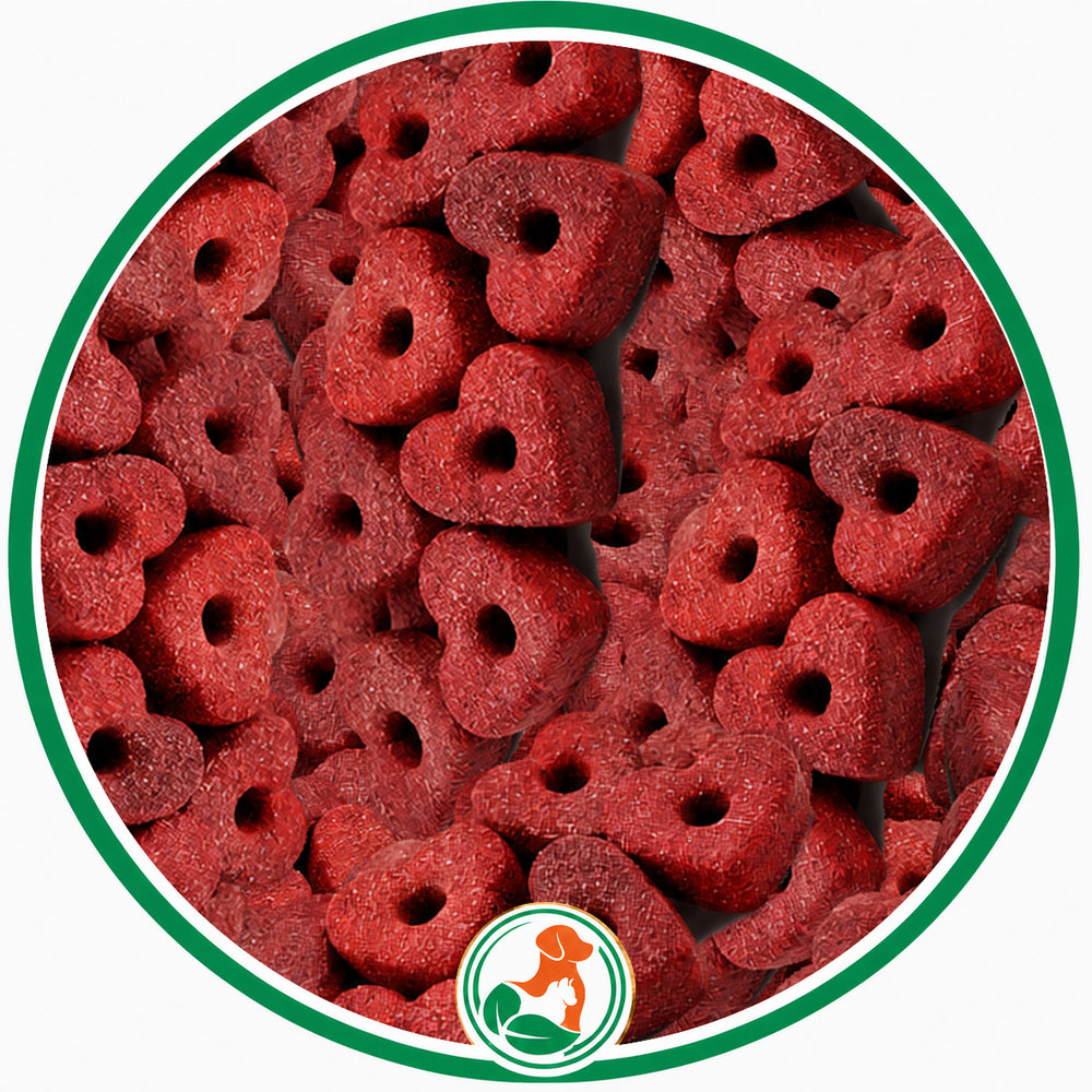 Ruby-red heart-shaped Ruby Cake Hearts dog treats with center holes in a green circular border.