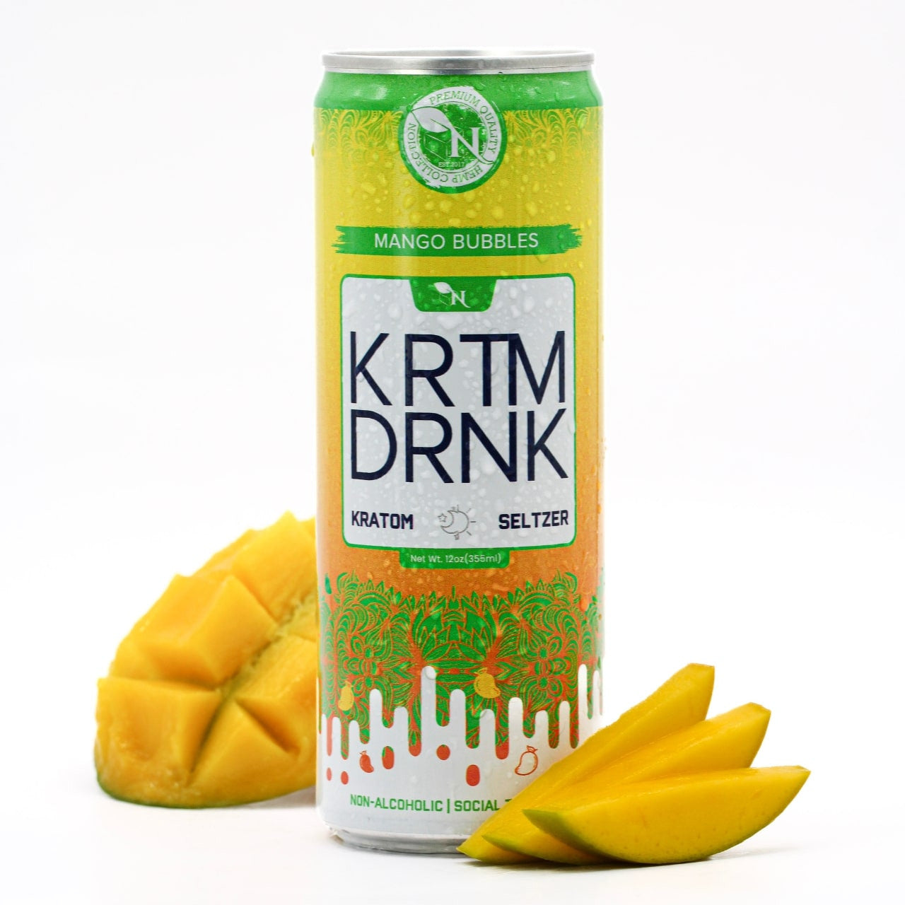 Mango Bubbles Kratom seltzer can, 130mg Mitragynine, energizing citrus-flavored fizzy drink for focus and vitality real product
