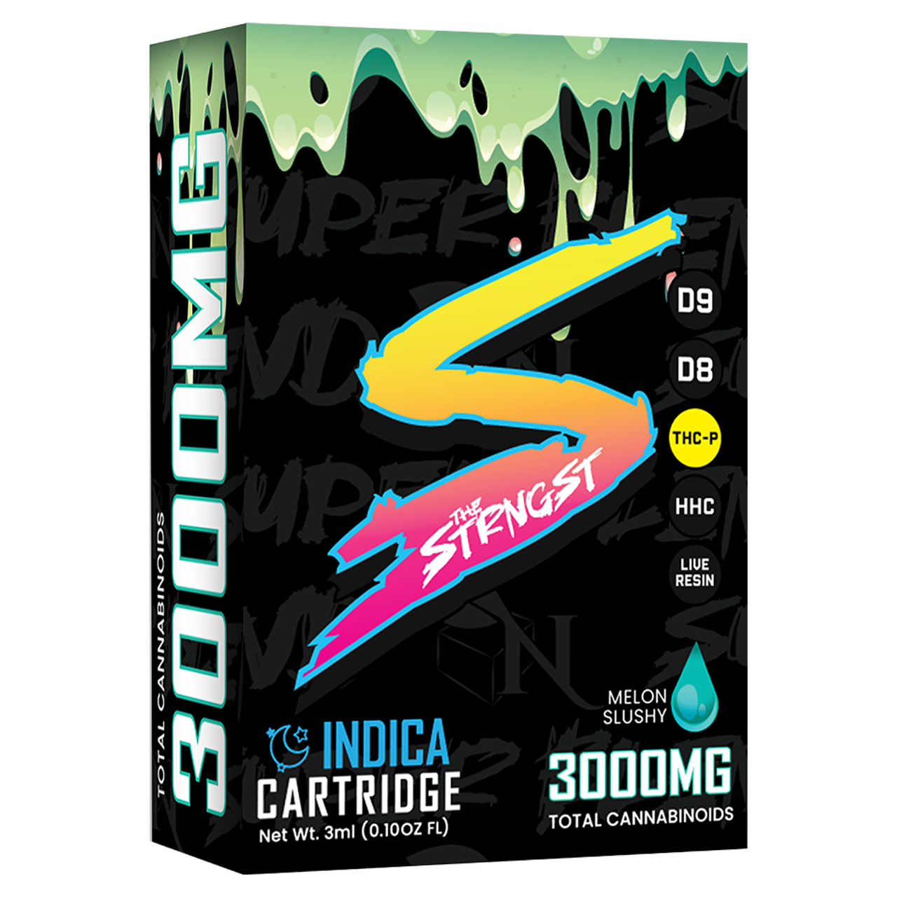 THE STRONGEST Superblend Cartridge by A Gift From Nature, featuring a blend of Delta 8, Delta 9, Live Resin, HHC, and THC-p, with 3000MG cannabinoids in Melon Slushy flavor.