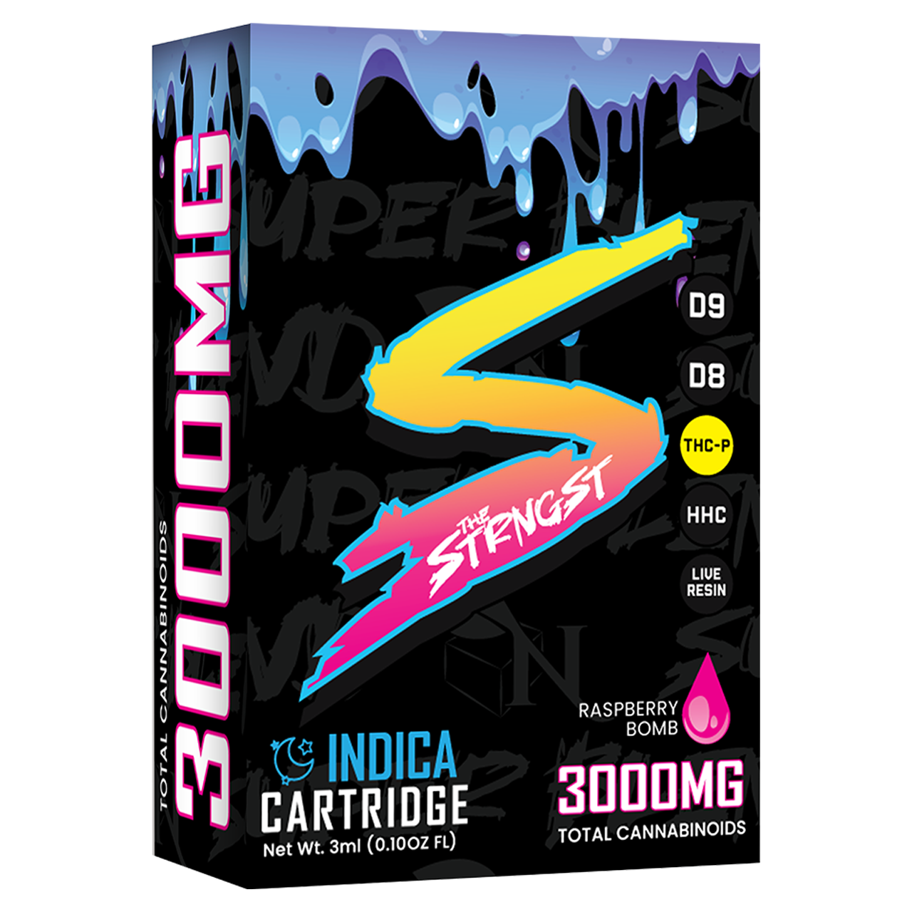 THE STRONGEST Superblend Cartridge by A Gift From Nature, featuring a blend of Delta 8, Delta 9, Live Resin, HHC, and THC-p, with 3000MG cannabinoids in Raspberry Bomb flavor